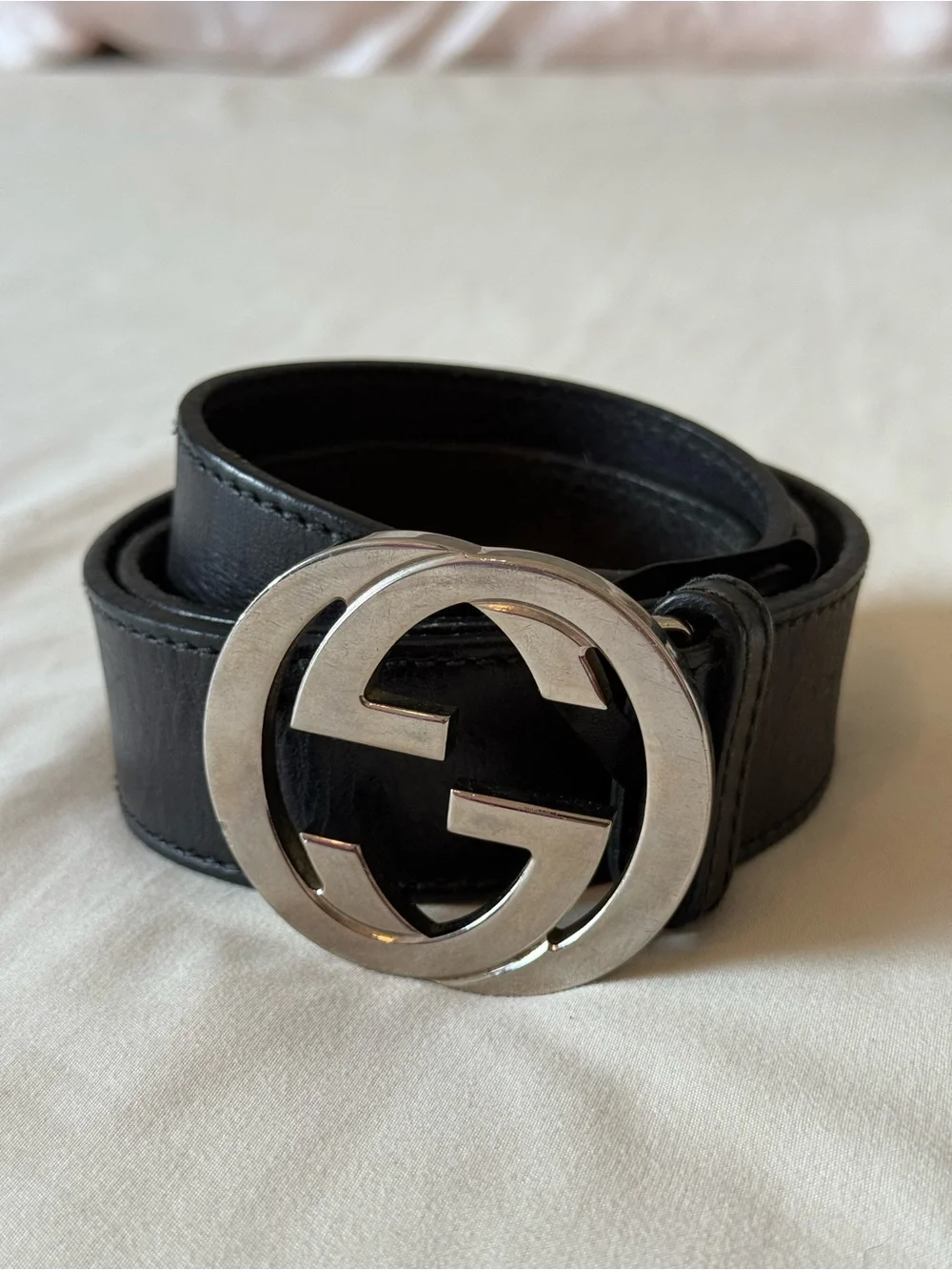 GUCCI | Vintage Mens Black Leather GG Silver-Tone Buckle |